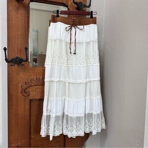 Lapis White Lace Maxi Skirt with Brown Waistband